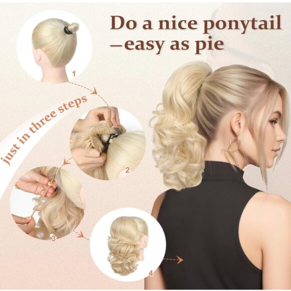 Curly Hair Ponytail Extension Hairpiece 14" Medium Blonde with Highlights - Picture 4 of 5